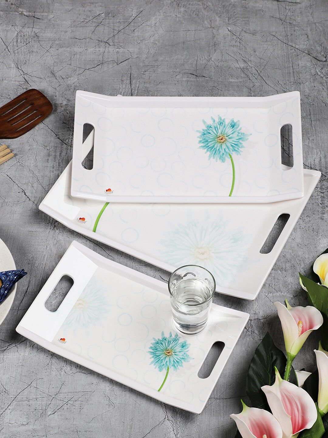 Servewell Set of 3 White Floral Printed Serving Tray Price in India