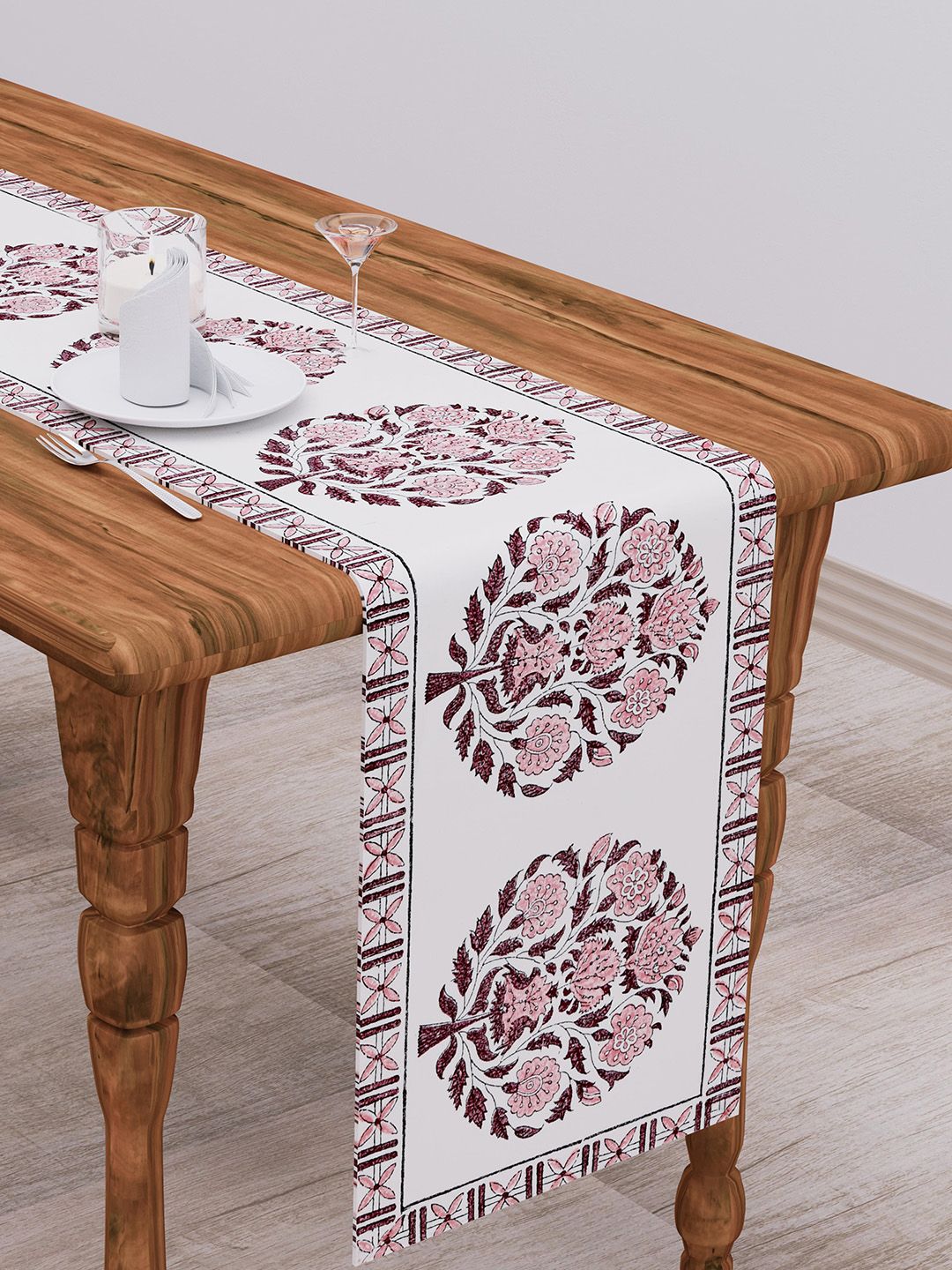 Clasiko White & Pink Floral Printed Pure Cotton Table Runner Price in India