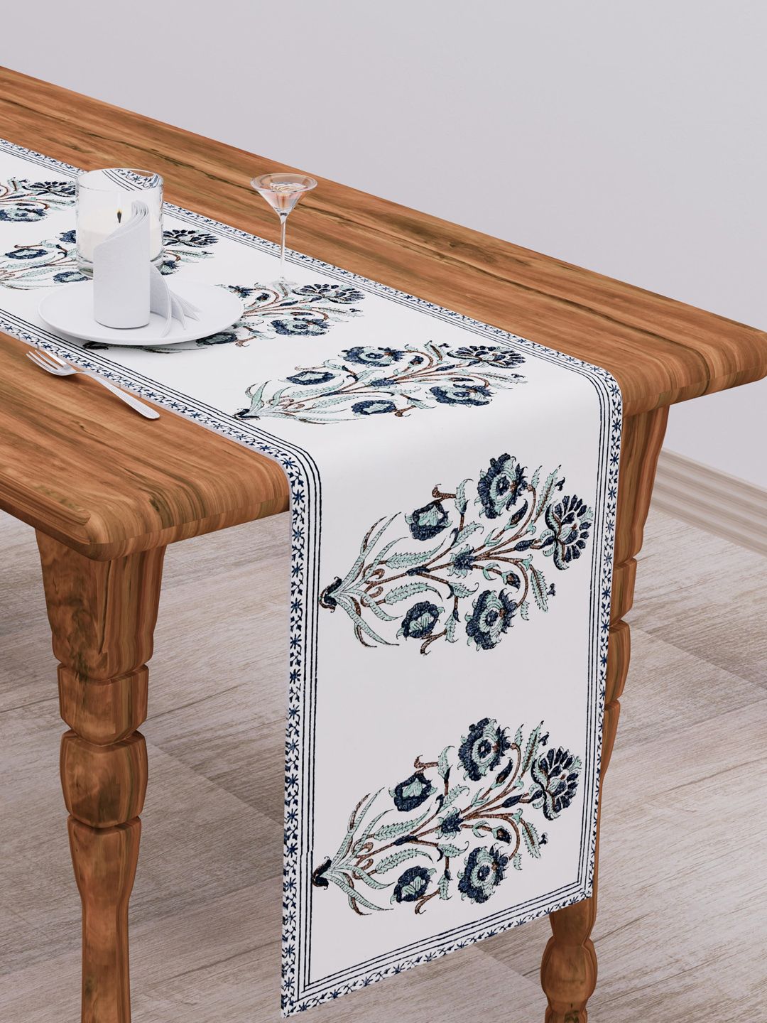Clasiko White & Blue Floral Printed Pure Cotton Table Runner Price in India