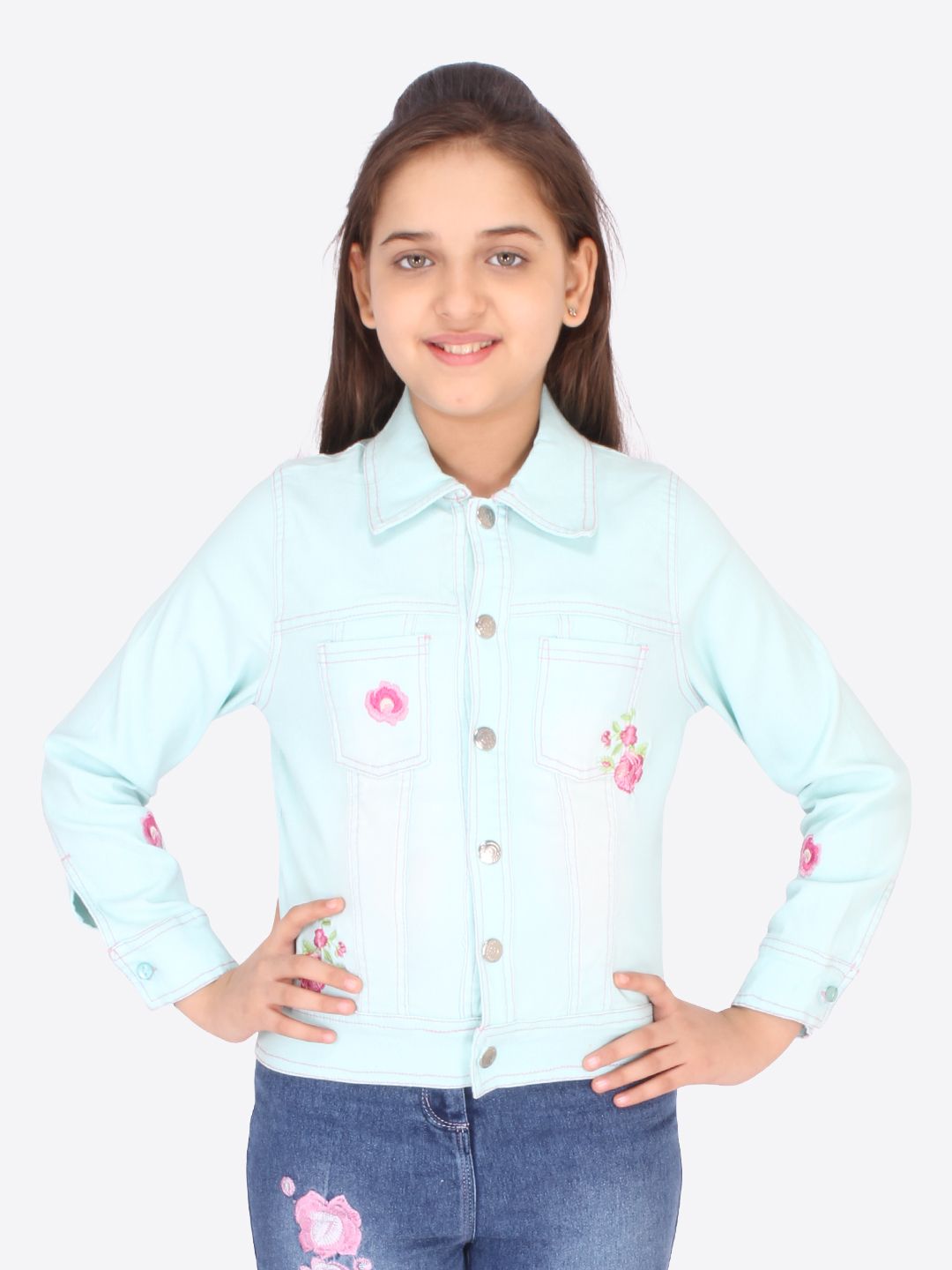 Buy CUTECUMBER Girls Blue Floral Crop Denim Jacket with