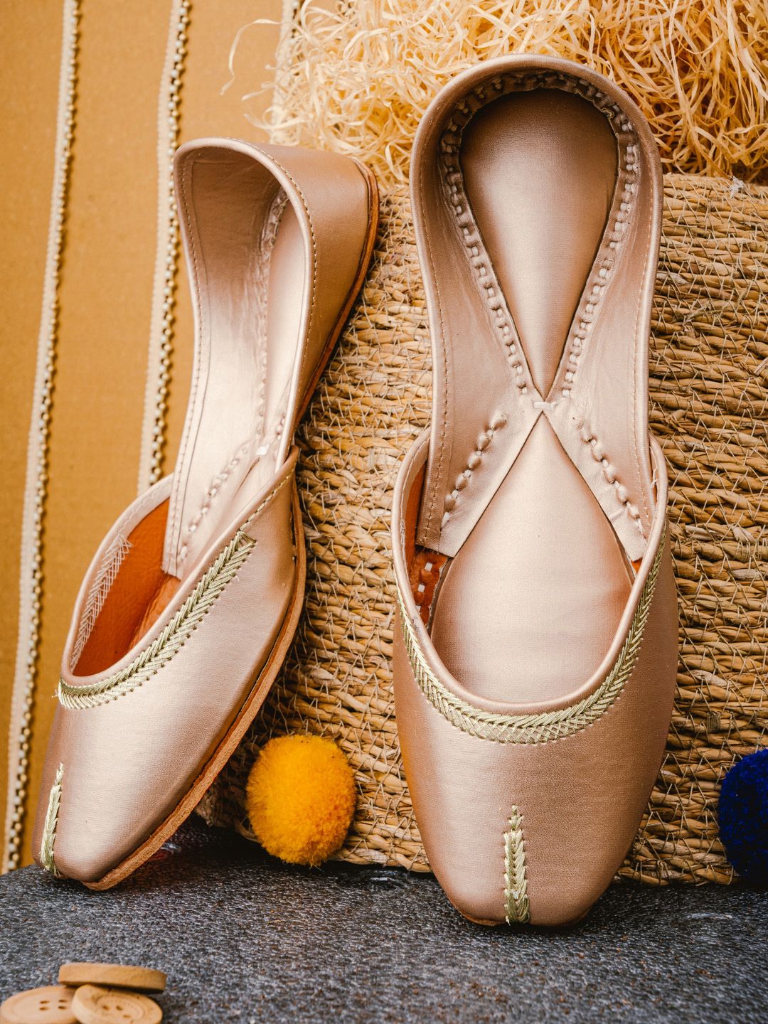 NR By Nidhi Rathi Women Rose Gold Embellished Leather Ethnic Mojaris Flats Price in India