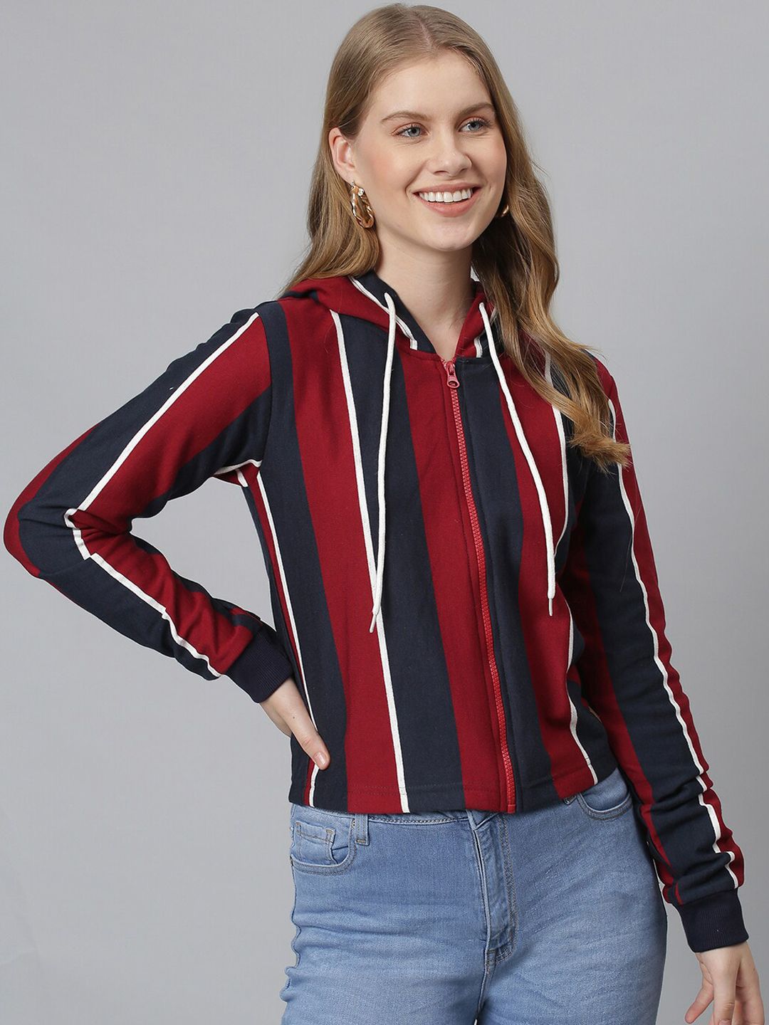 Campus Sutra Women Maroon Striped Hooded Sweatshirt Price in India