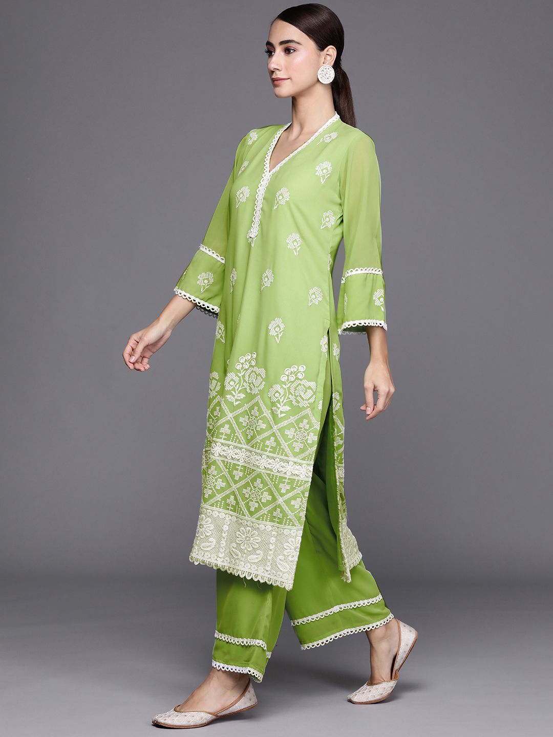 Libas Women Green & White Floral Embroidered Kurta with Palazzos & Dupatta Price in India