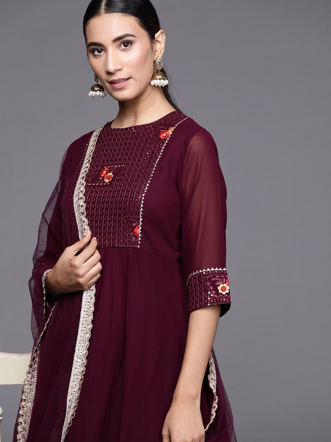 Libas Women Burgundy Yoke Design Sequinned Kurta with Churidar & Dupatta Price in India