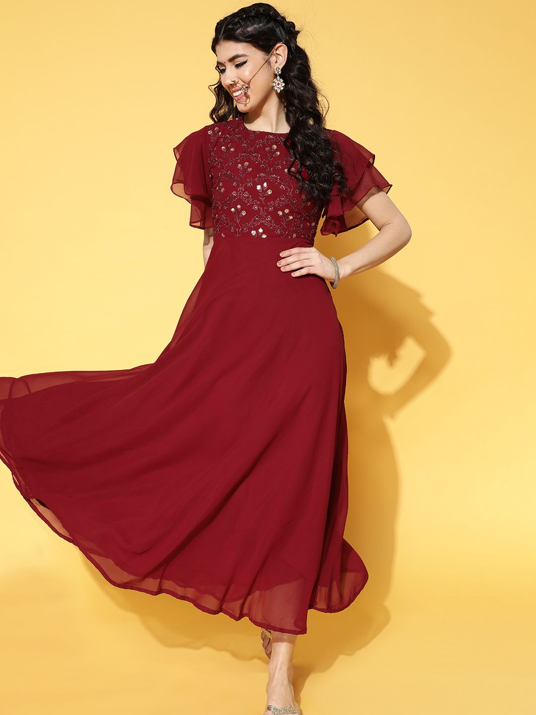 Libas Maroon Yoke Embellished Ethnic Maxi Dress Price in India