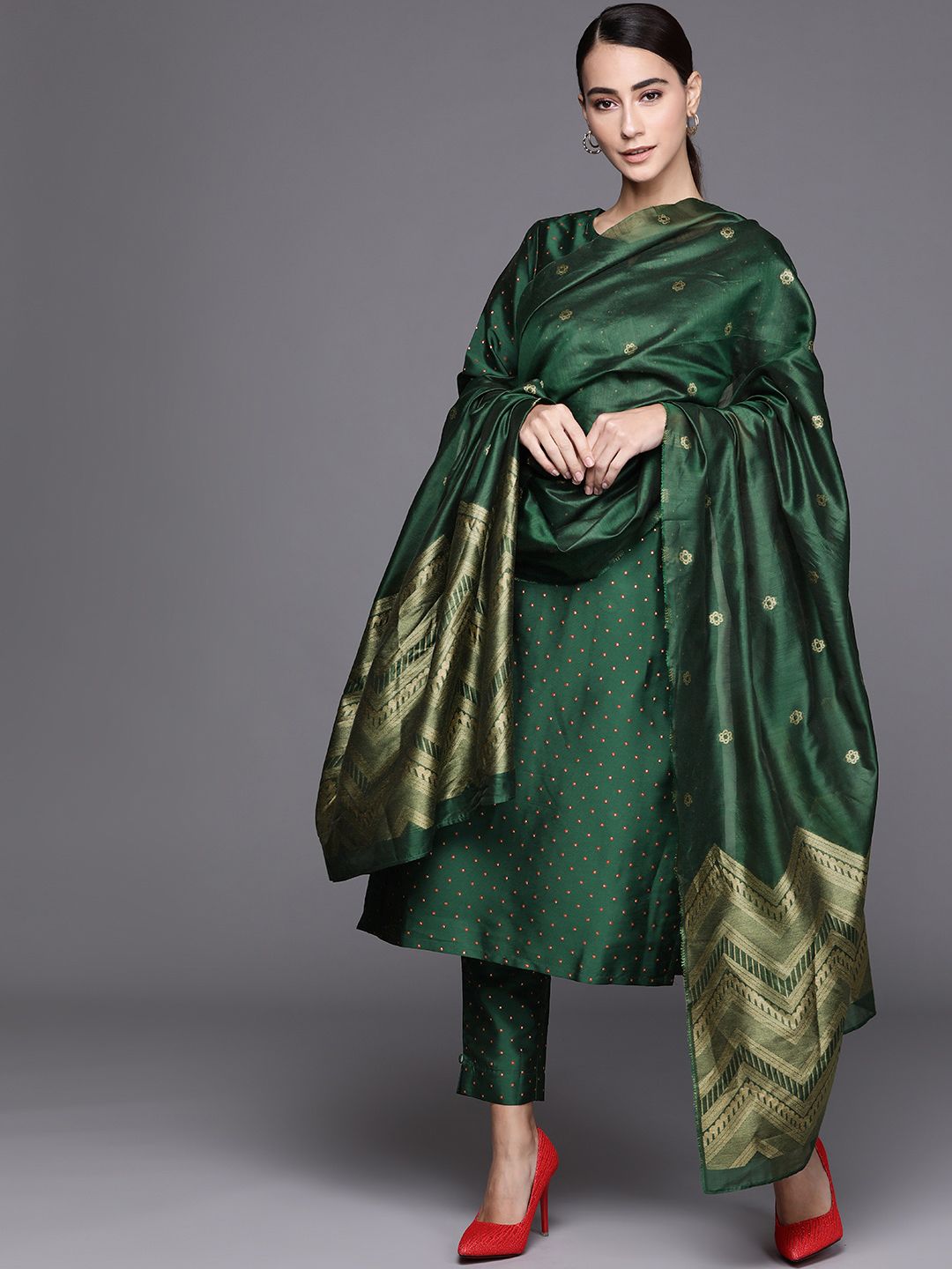 Libas Women Green & Red Geometric Woven Design Straight Kurta with Trousers & Dupatta Price in India