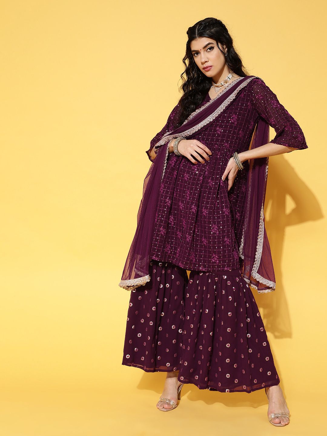 Libas Women Burgundy Ethnic Embroidered Sequinned Kurta with Sharara & Dupatta Price in India