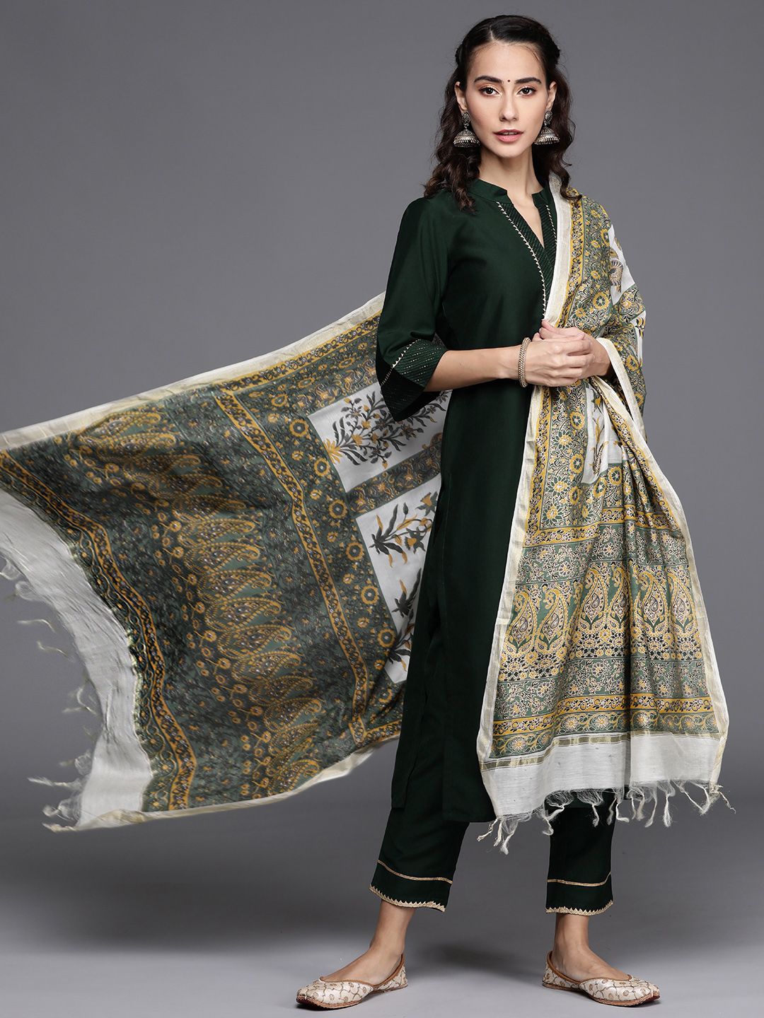 Libas Women Green & Gold Solid Gotta Patti Straight Kurta with Trousers & With Dupatta Price in India