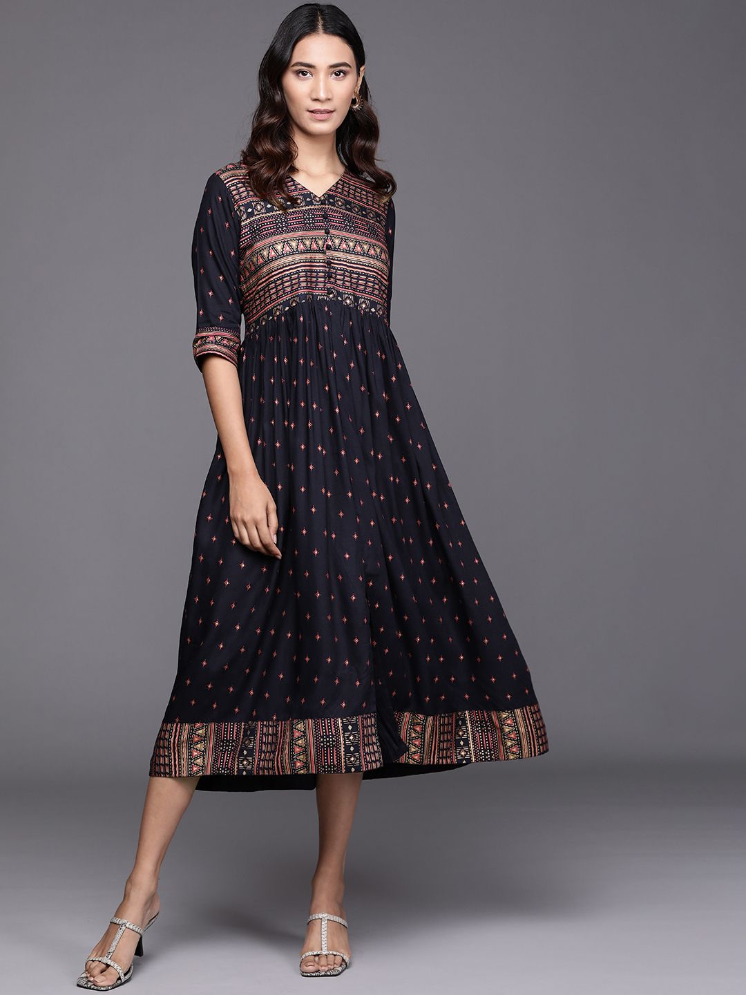 Libas Women Navy Blue & Beige Ethnic Motifs Print A-Line Midi Dress Price in India