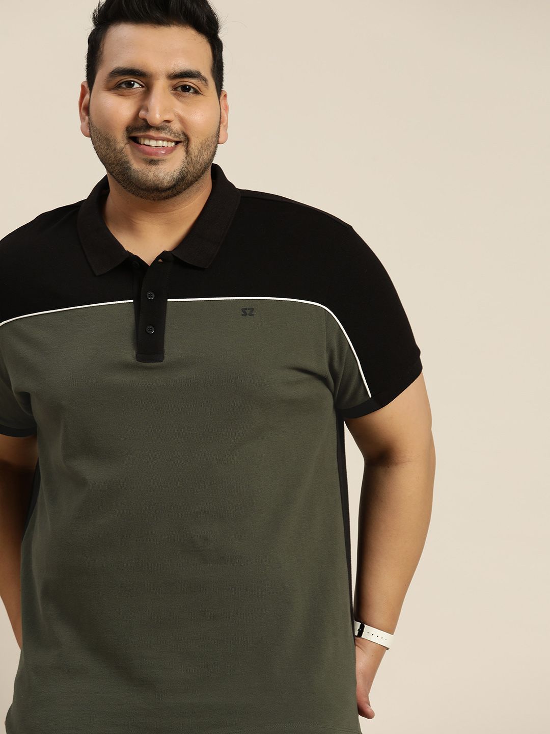 Sztori Men Plus Size Olive Green & Black Colourblocked Polo Collar Pure Cotton T-shirt