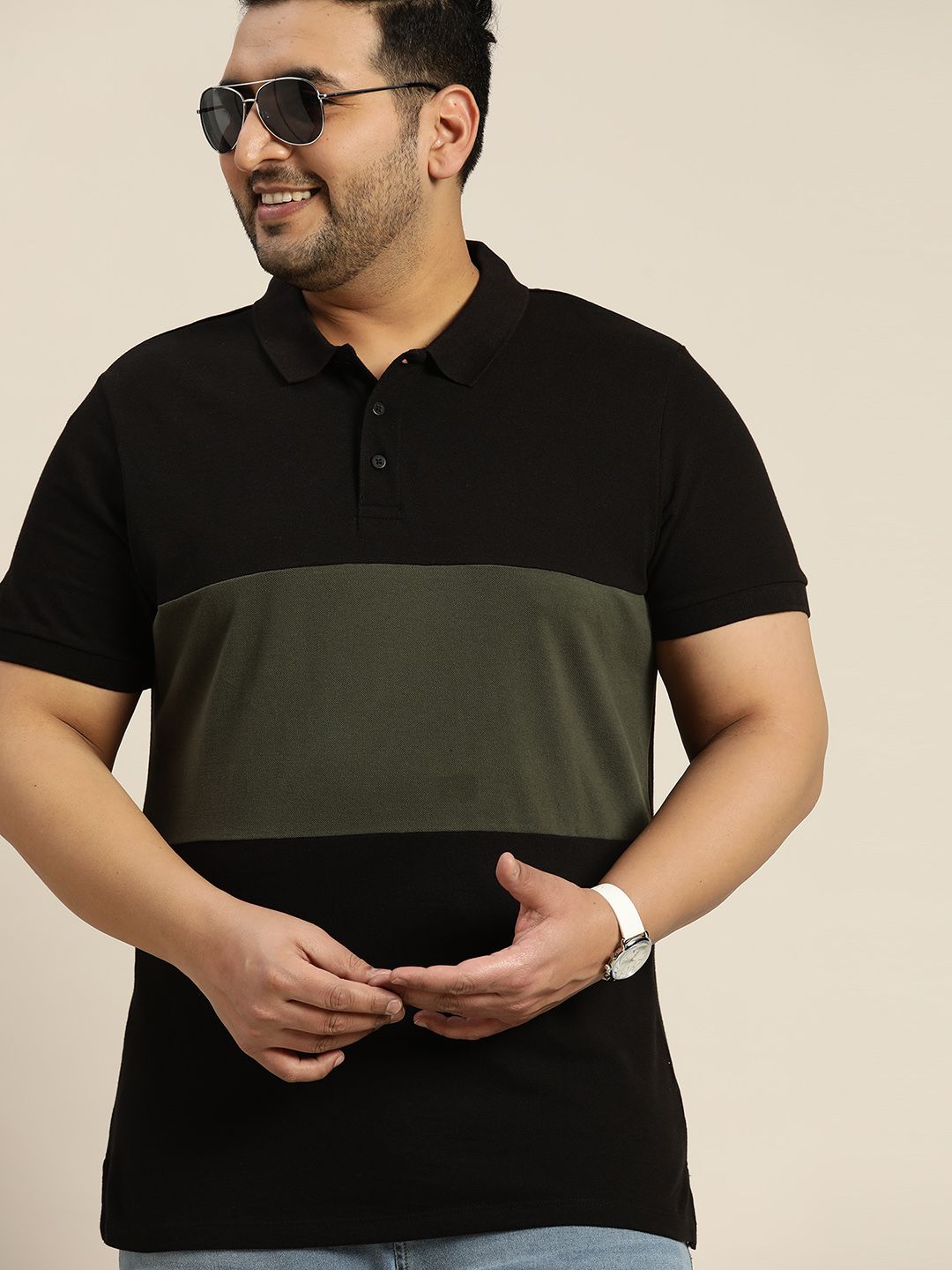 Sztori Men Plus Size Black & Olive Green Colourblocked Polo Collar Pure Cotton T-shirt