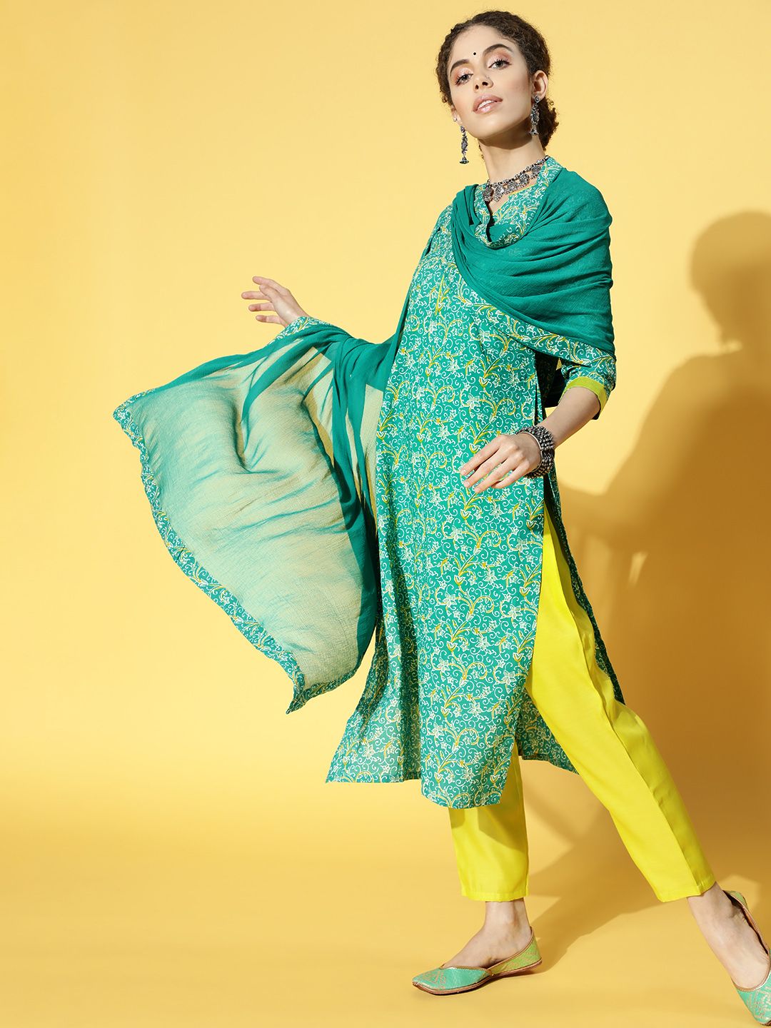 Indo Era Floral Cotton Blend Calf Length Kurta Set