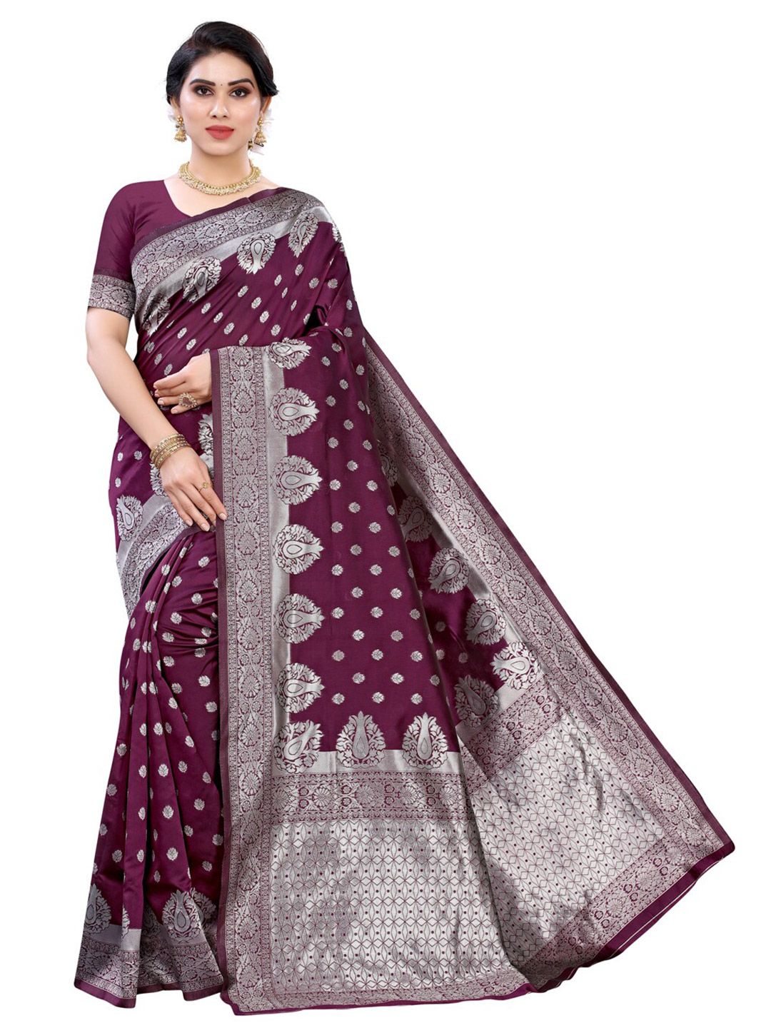 KALINI Burgundy & Silver-Toned Woven Design Zari Banarasi Saree