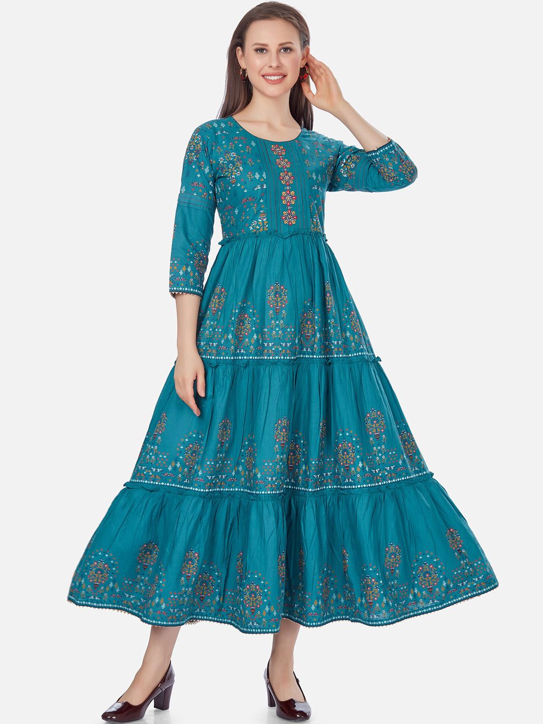 Kiana Blue Floral Flared Cotton Maxi Dress Price in India