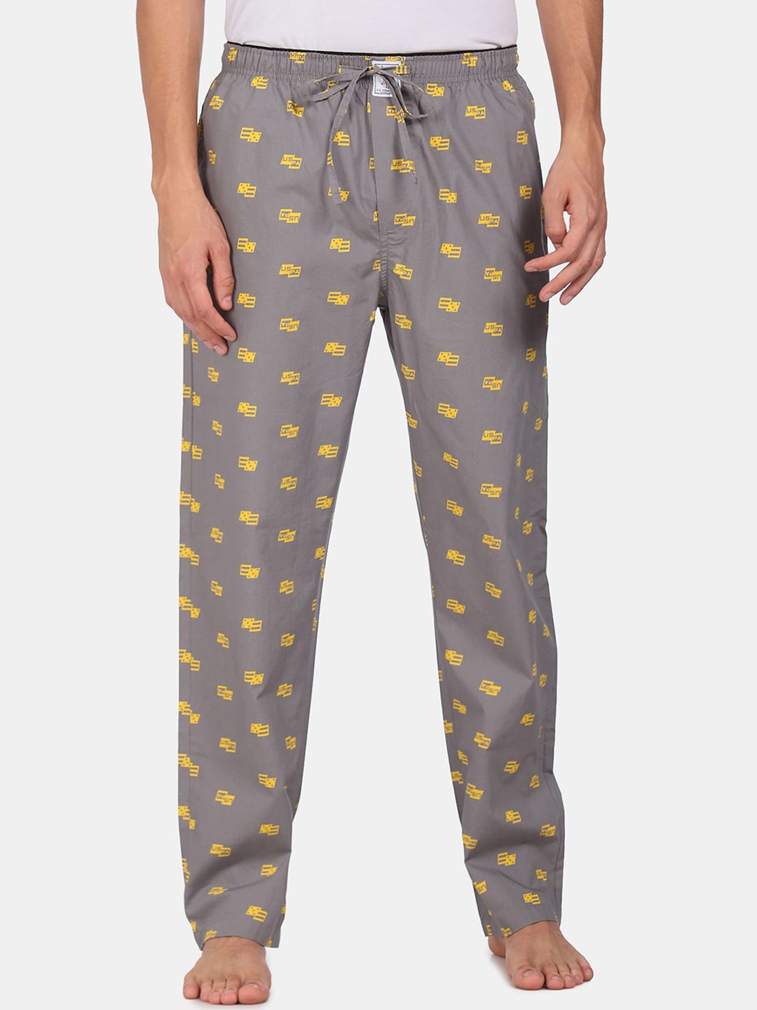 U.S. Polo Assn. Men Grey & Yellow Pure Cotton Printed Lounge Pants