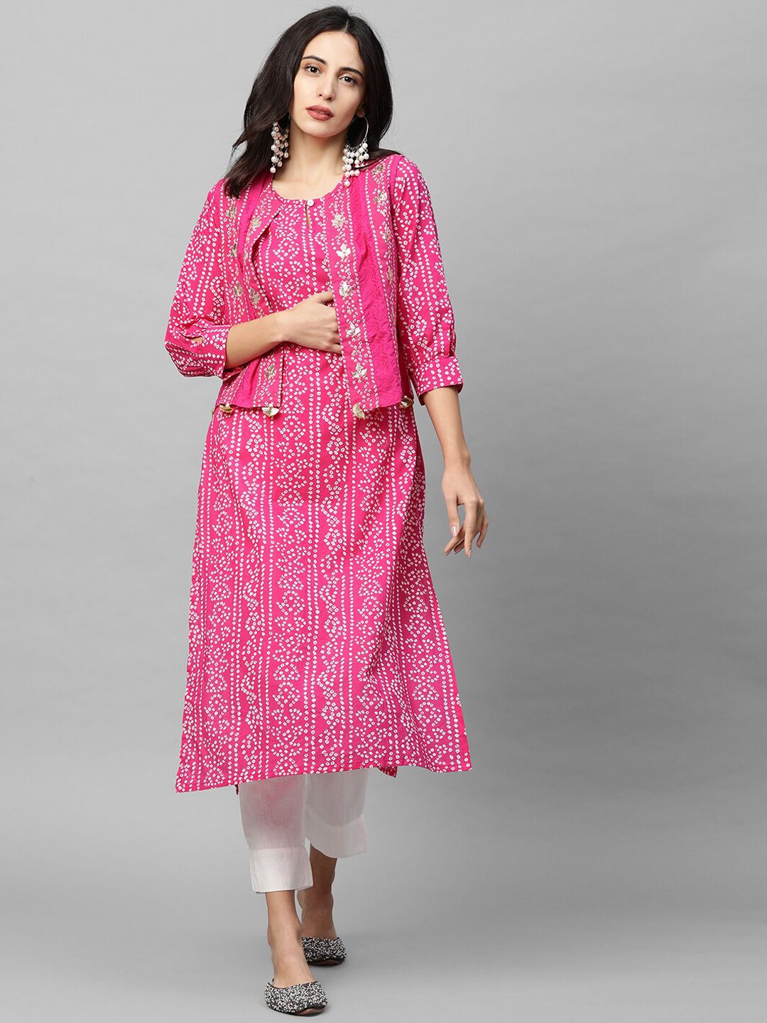 FASHOR Women Pink Bandhani Printed Layered Pure Cotton Kurta with Trousers Price in India