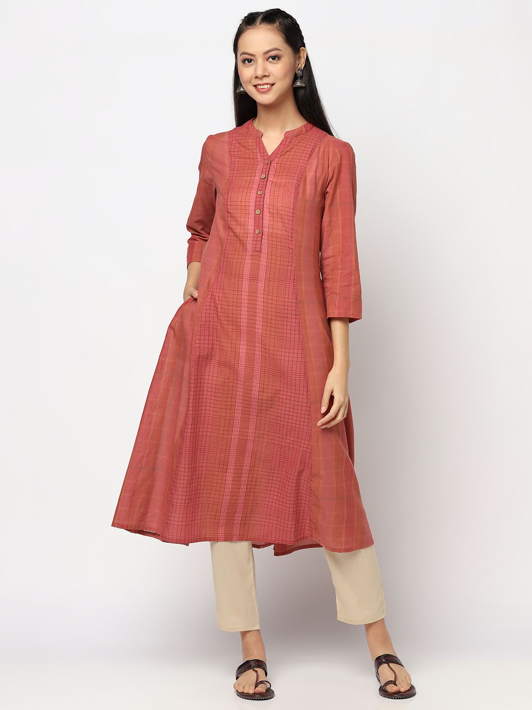 Fabindia Women Rust Red & Pink Pure Cotton Checked Kurta