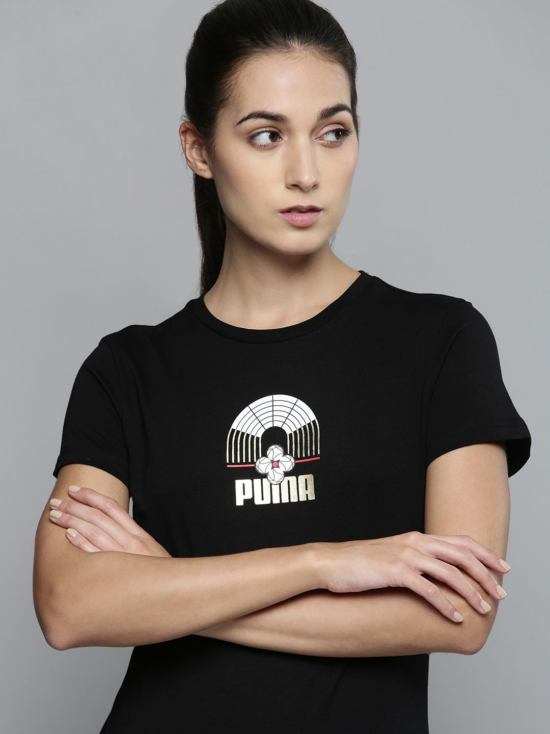 Puma Women Black  White Printed Art of Sports Pure Cotton T-shirt Price in India