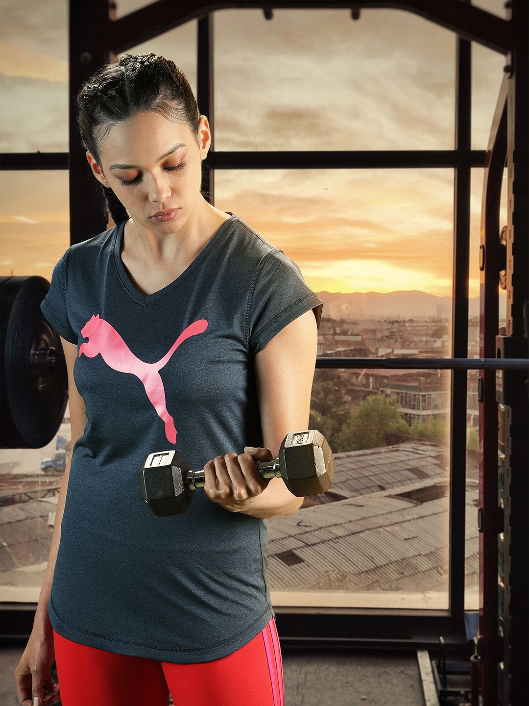 Puma Women Navy Blue & Pink Brand Logo Printed Heather Cat Training T-shirt Price in India