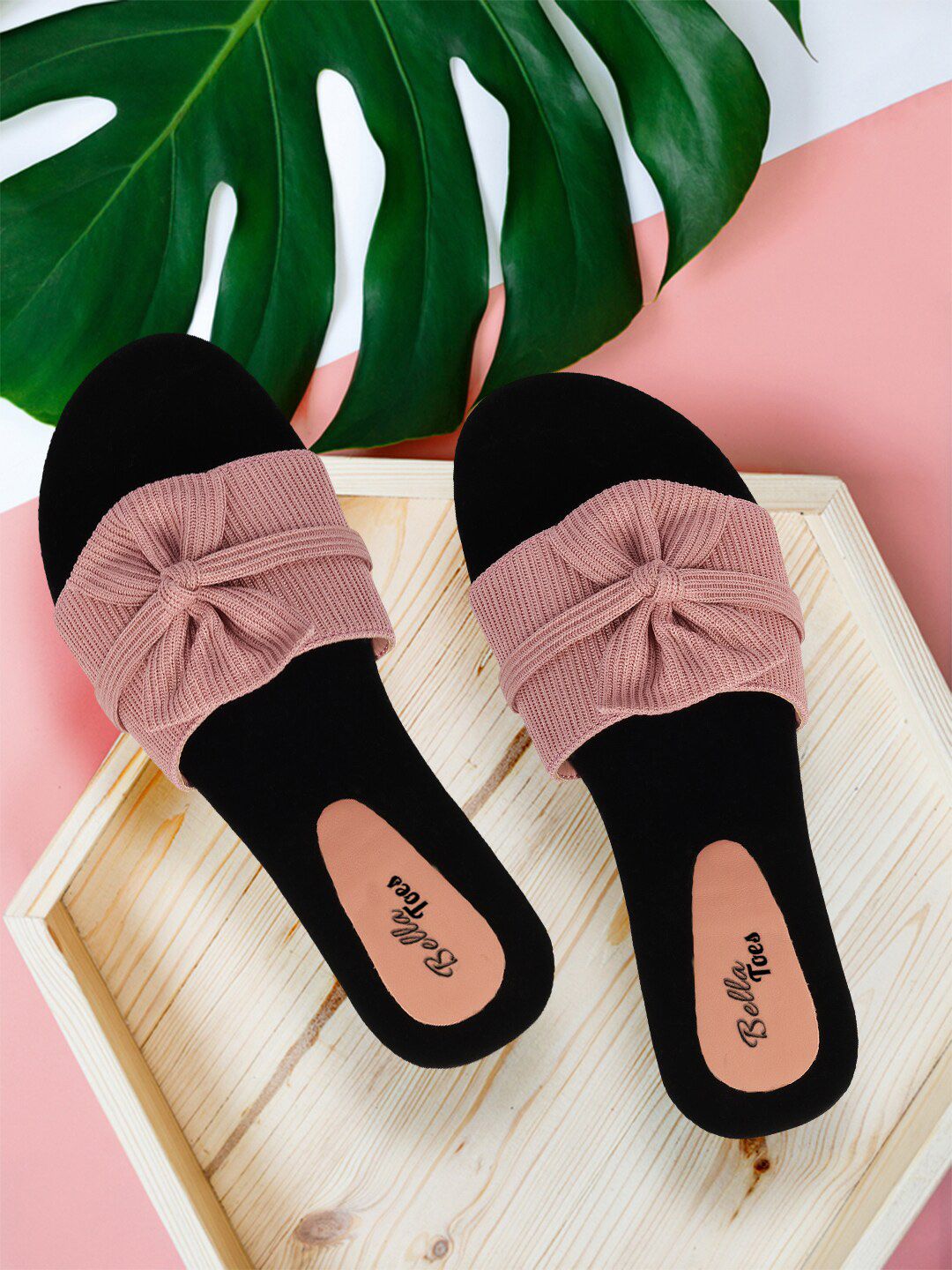 Bella Toes Women Pink & Black Flatform Mules with Bows Price in India