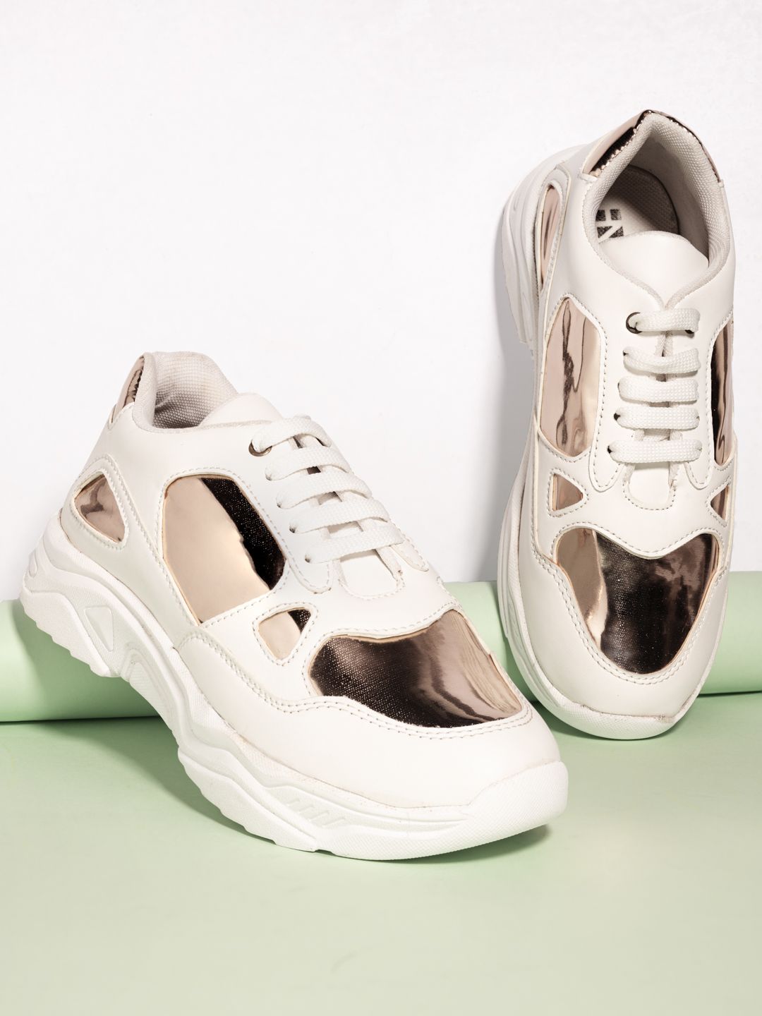 HERE&NOW Women White & Gold Colourblocked Sneakers Price in India