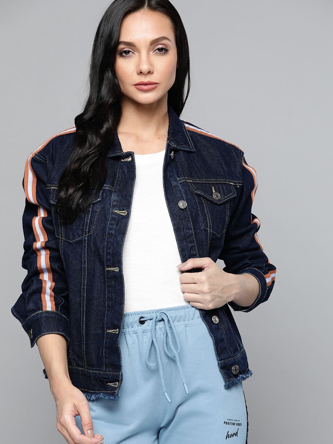 Harvard Women Navy Blue Cotton Denim Jacket with Side Taping Price in India