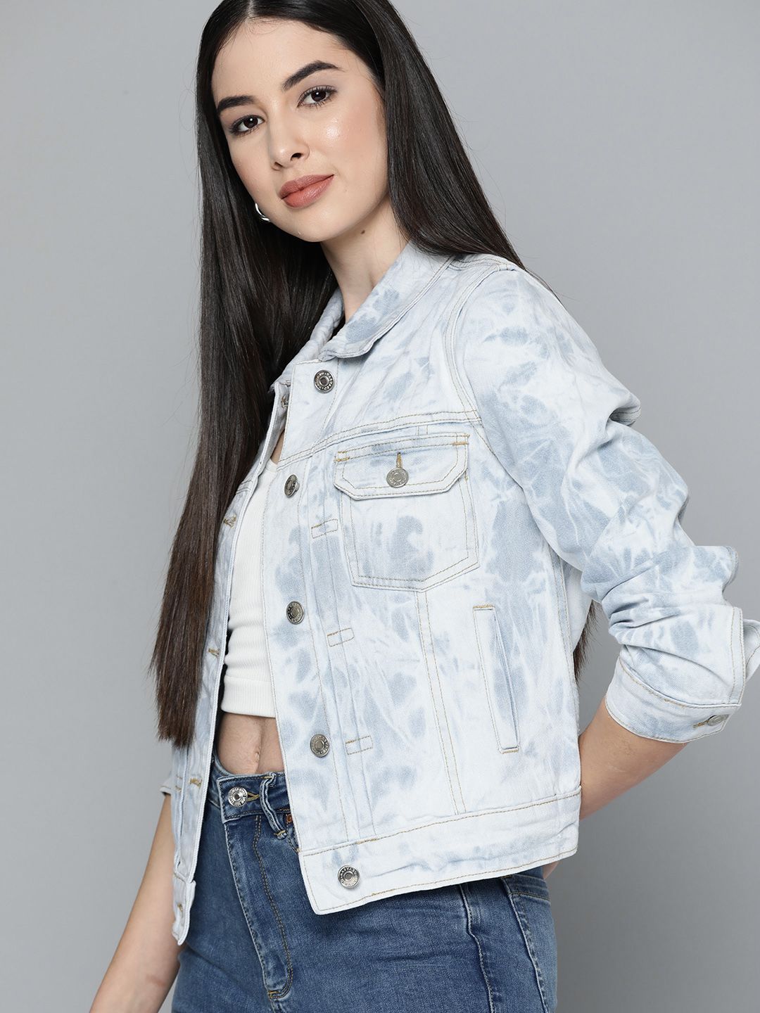 Harvard Women Blue Pure Cotton Washed Denim Jacket Price in India