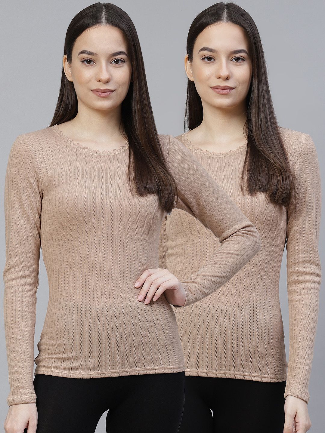 Marks & Spencer Women Pack of 2 Nude Solid Thermal Tops Price in India