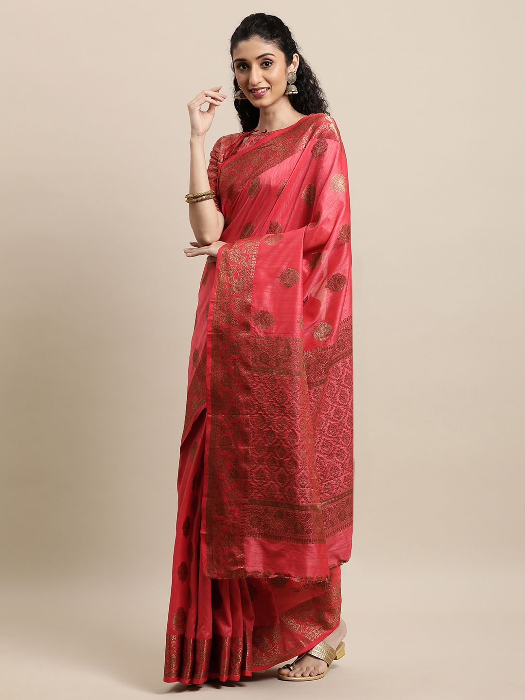 Mitera Red & Gold-Toned Jacquard Ethnic Motifs Zari Banarasi Saree