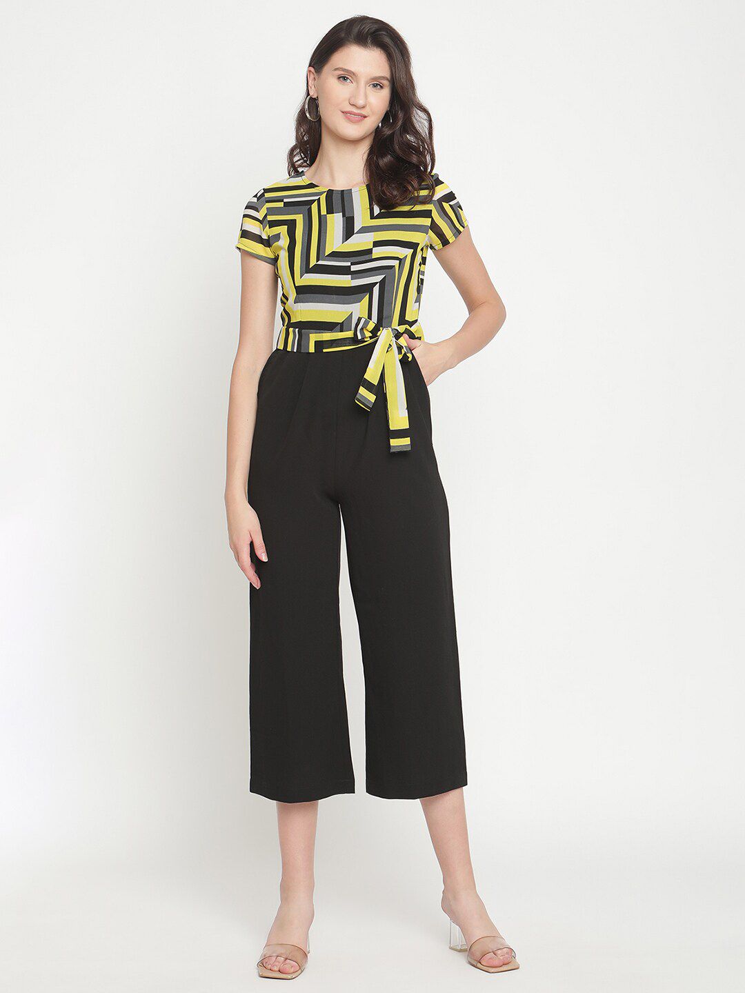 THREAD MUSTER Black & Yellow Colourblocked Basic Jumpsuit Price in India