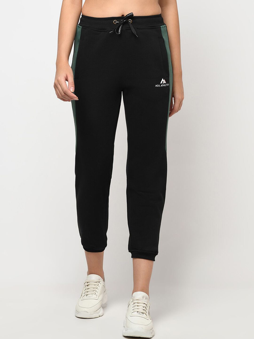 AGIL ATHLETICA Women Black & Green Colourblocked Relaxed Fit Joggers Price in India