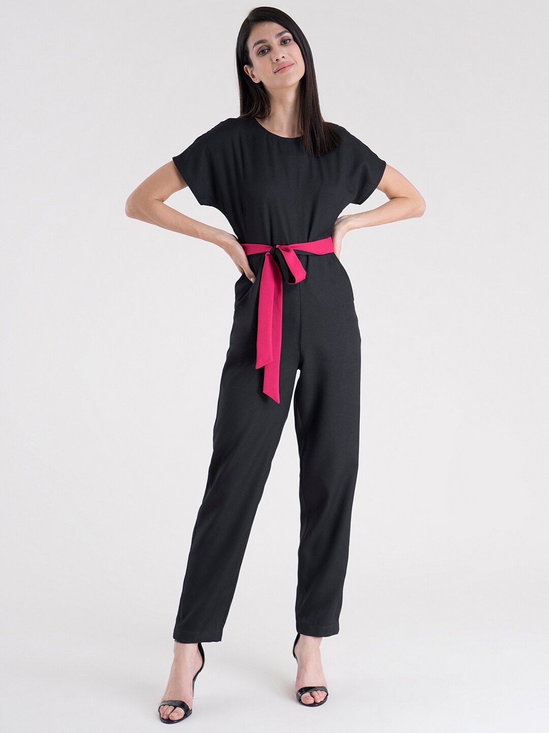 FableStreet Black & Magenta Basic Jumpsuit Price in India