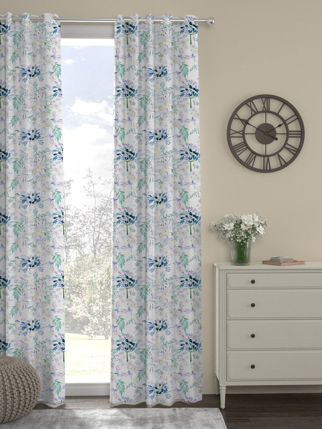 ROSARA HOME White & Blue Floral Printed Single Long Door Curtain Price in India