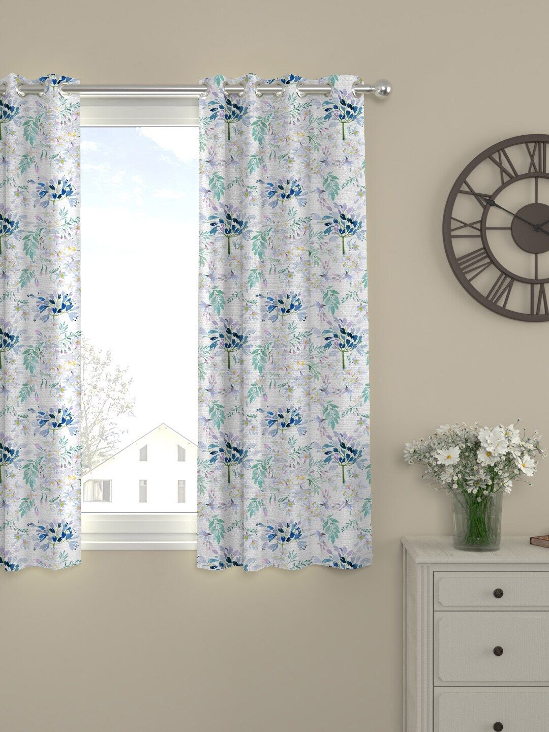 ROSARA HOME Off White & Blue Floral Printed Single Window Curtain Price in India