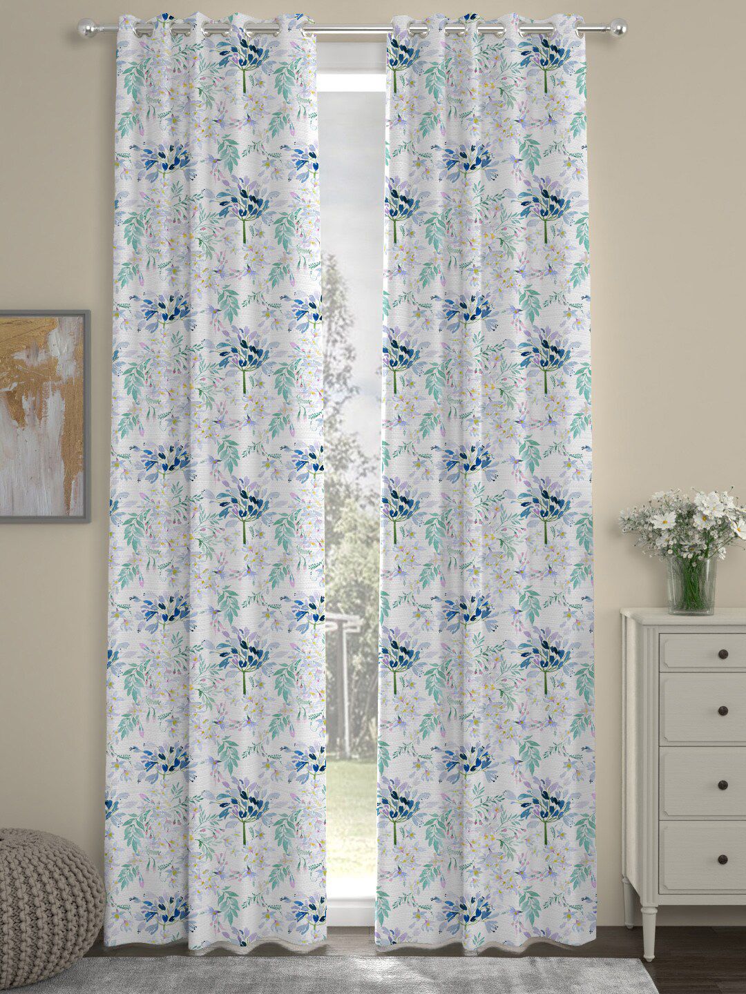 ROSARA HOME Set of 2 Off White & Blue Floral Printed Long Door Curtain Price in India