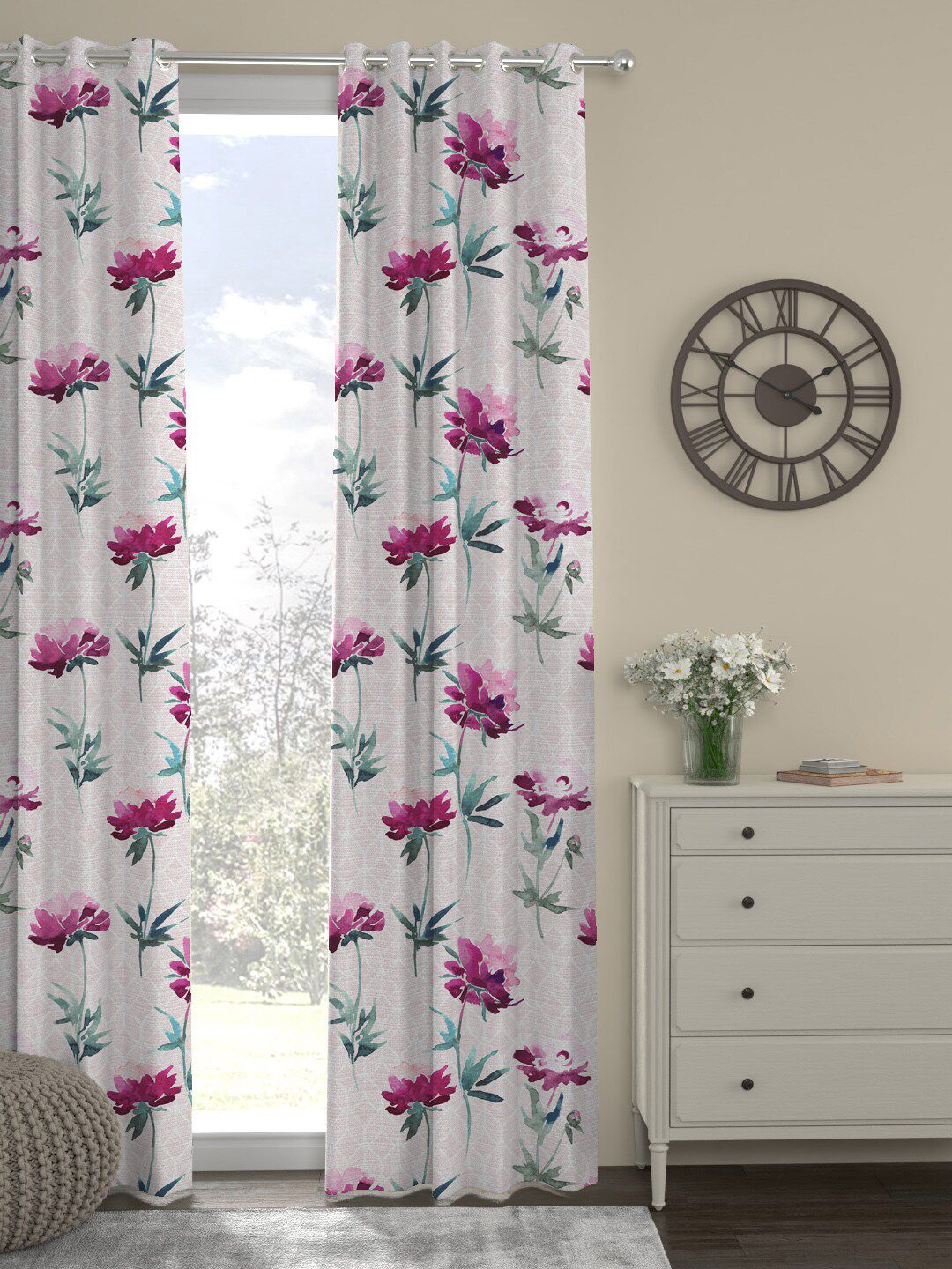 ROSARA HOME Off White & Pink Floral Printed Single Long Door Curtain Price in India