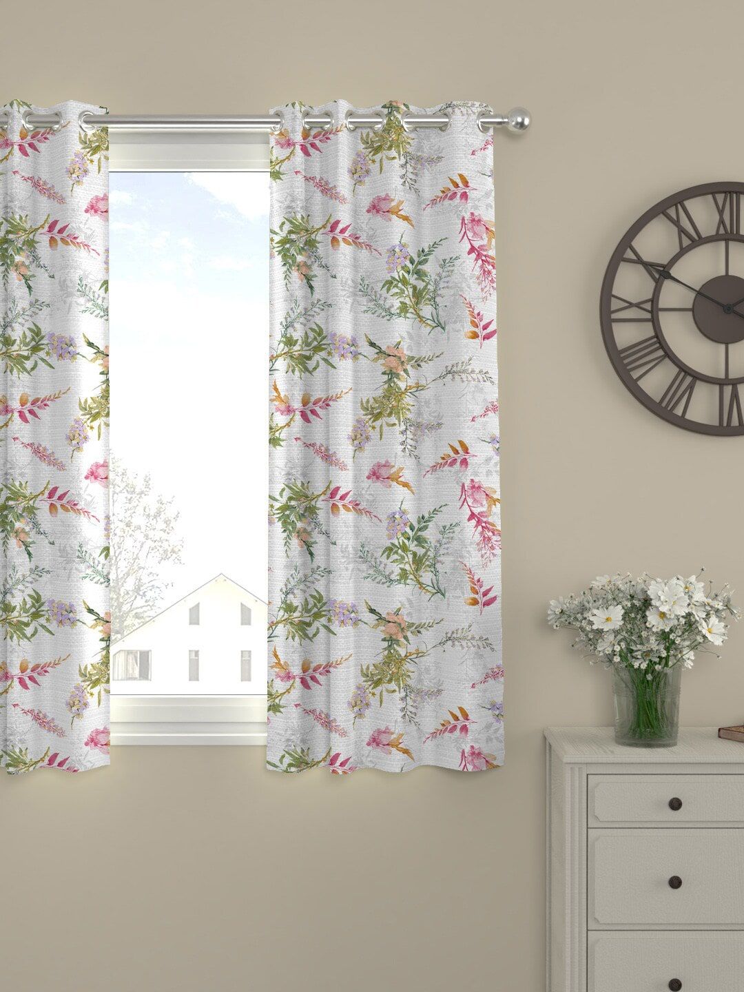 ROSARA HOME Off White & Green Floral Printed Single Window Curtain Price in India