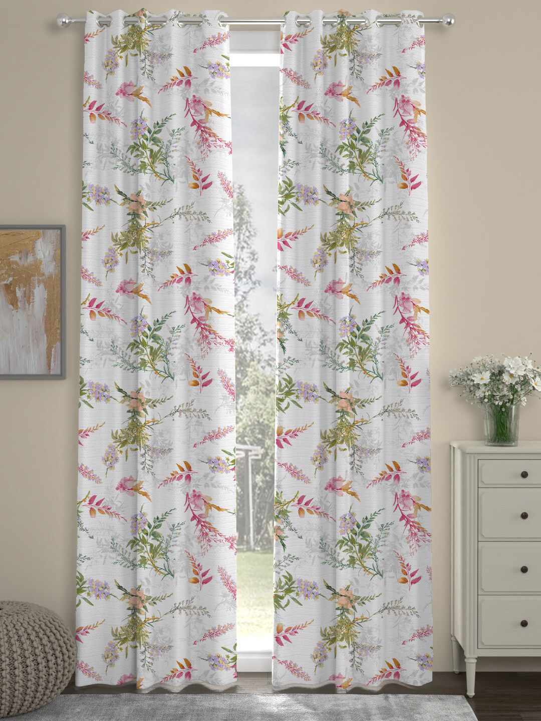 ROSARA HOME Set of 2 Grey & Pink Floral Printed Long Door Curtain Price in India