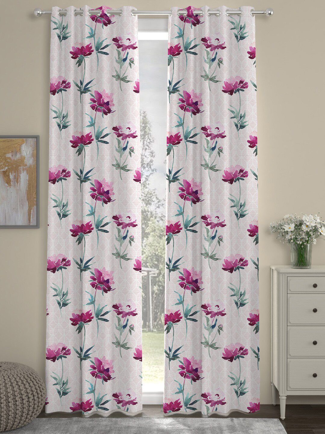 ROSARA HOME Set of 2 Off White & Pink Floral Printed Door Curtain Price in India