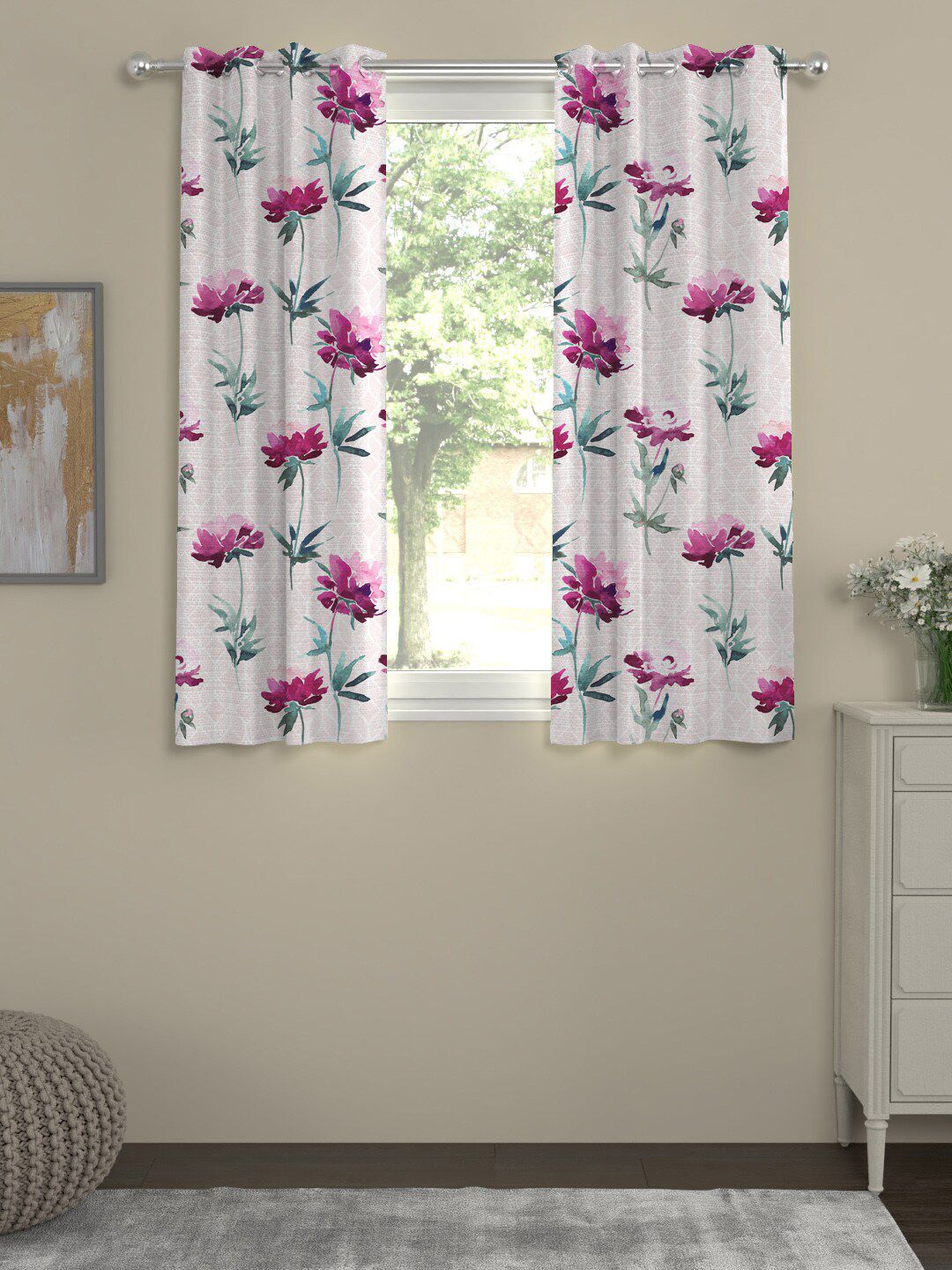 ROSARA HOME Set of 2 Off White & Pink Floral Printed Window Curtain Price in India