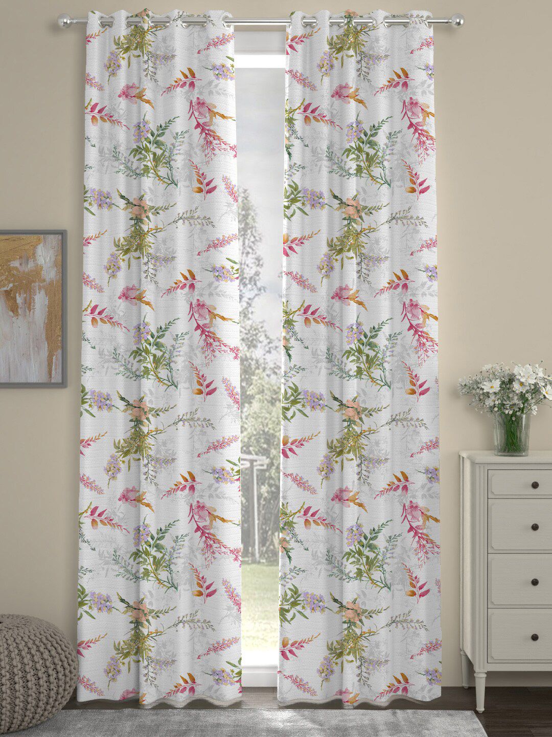 ROSARA HOME Set of 2 Off White & Pink Floral Door Curtain Price in India