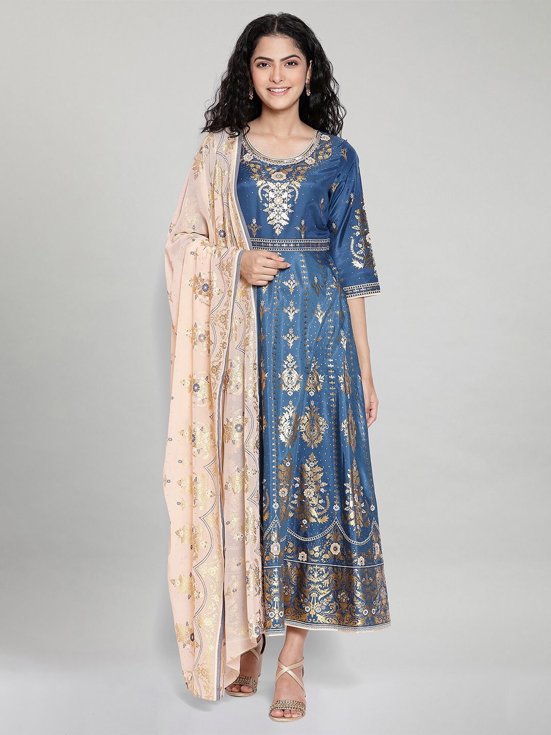 AURELIA Blue & Pink Ethnic Motifs Ethnic Maxi Dress With Dupatta Price in India