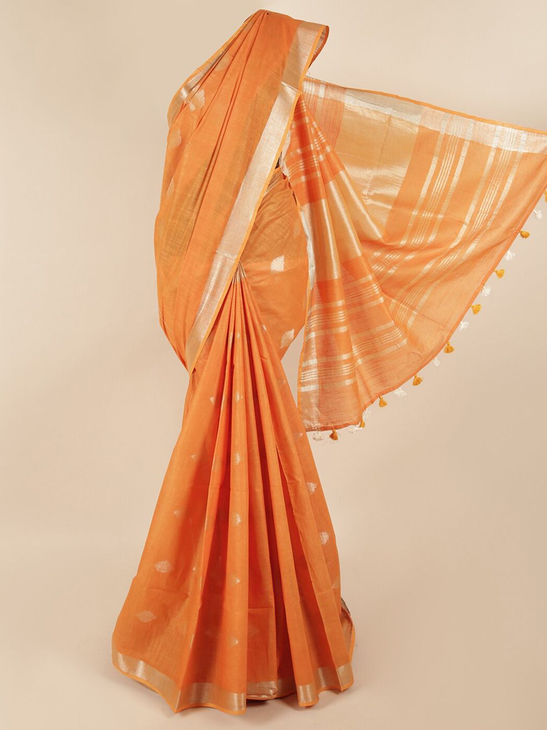 Pothys Orange & Silver-Coloured Ethnic Motifs Zari Linen Blend Saree