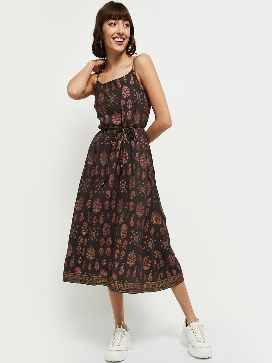 max Women Black & Gold Ethnic Printed Midi Dress Price in India