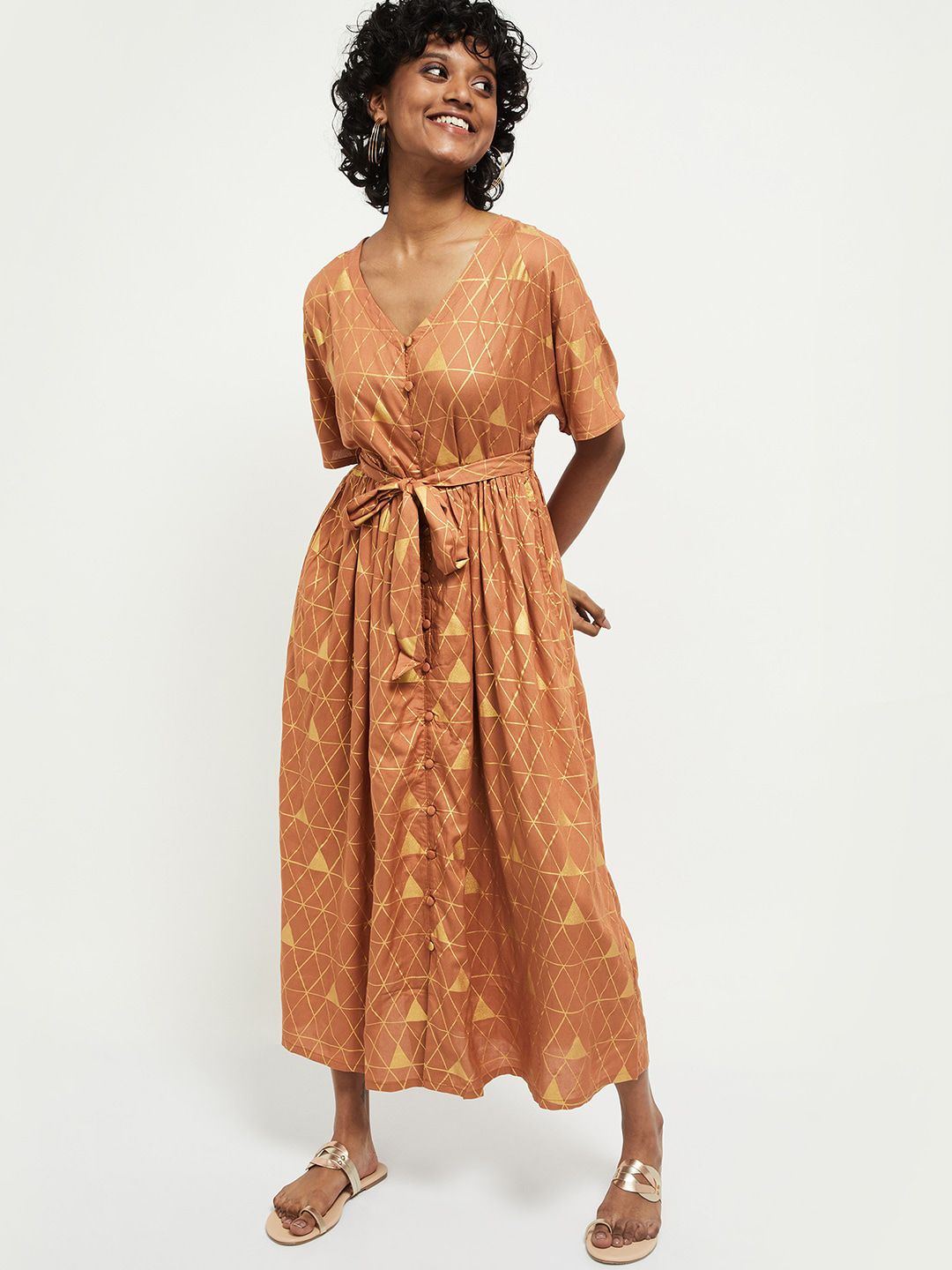 max Women Brown & Gold-Toned Maxi Midi Dress Price in India
