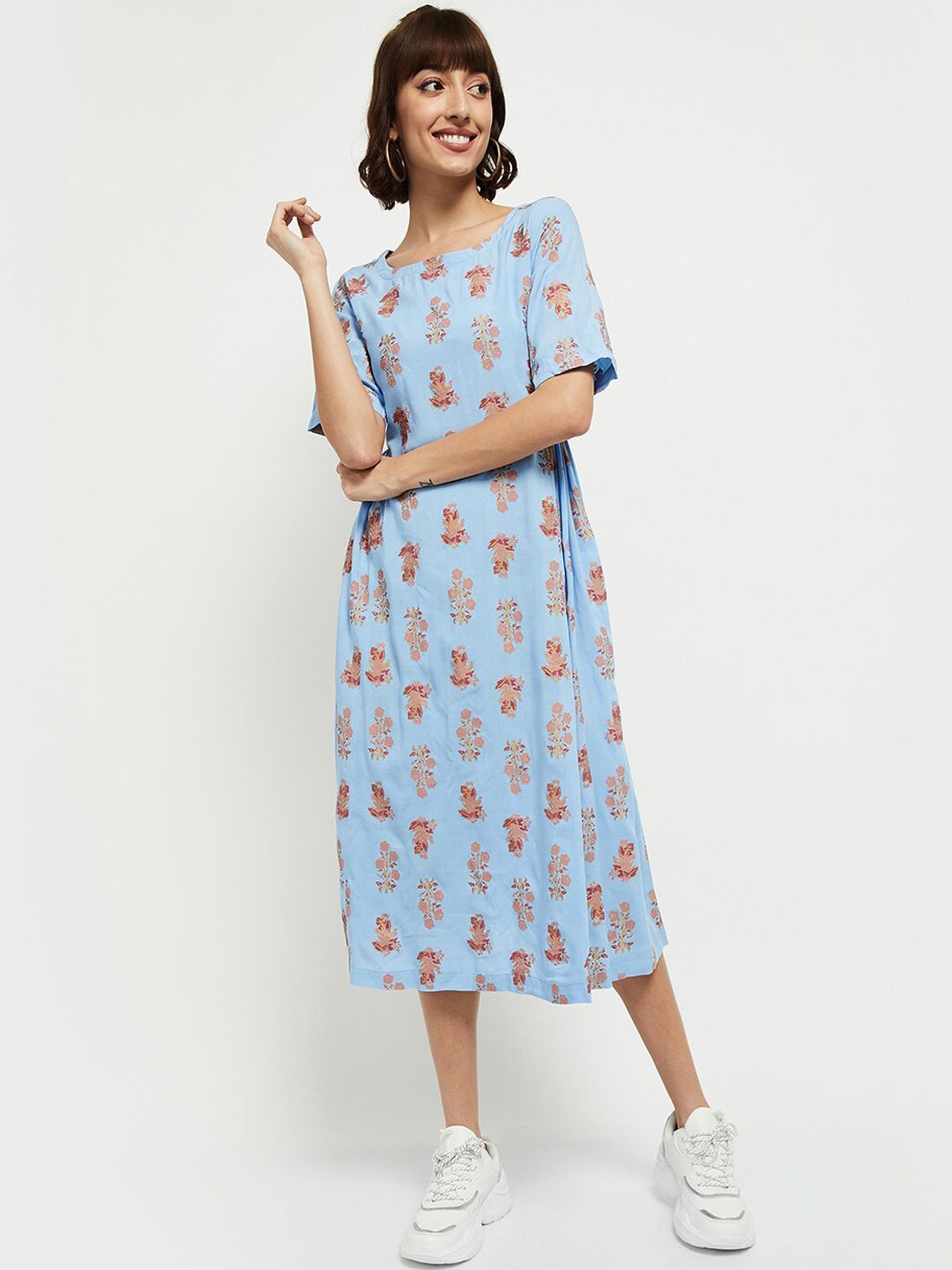 max Blue Floral A-Line Midi Dress Price in India