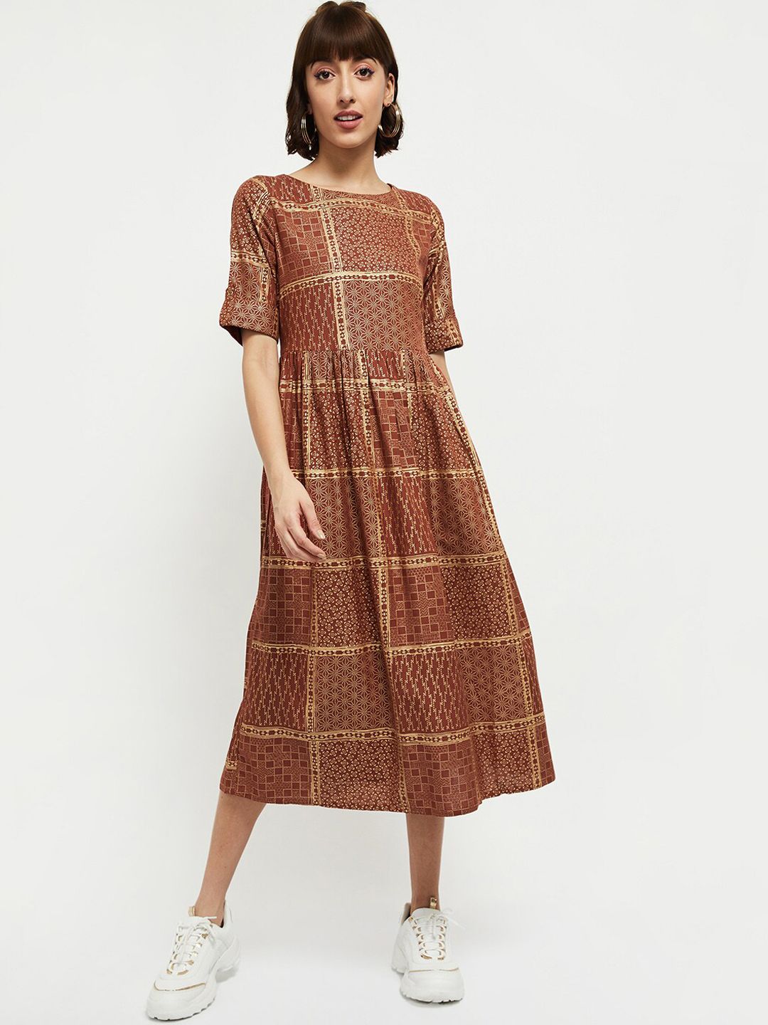 max Rust Ethnic Motifs A-Line Midi Dress Price in India