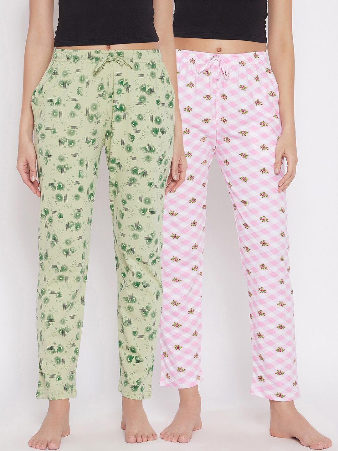 JADE BLUE Women Pack of 2 Pink & Green Floral Printed Pure Cotton Lounge Pants Price in India