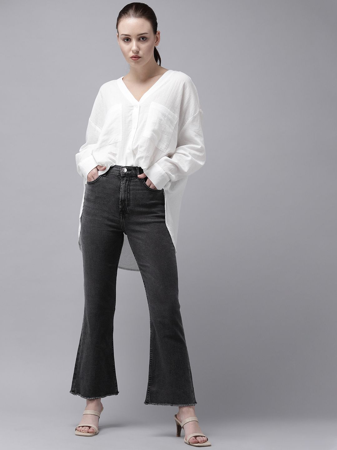 Charcoal Mid-Rise Bootcut Flared Cropped Stretchable Jeans