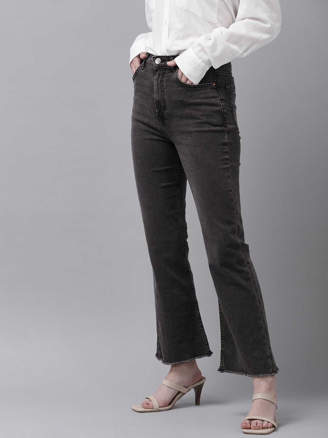 Charcoal Mid-Rise Bootcut Flared Cropped Stretchable Jeans